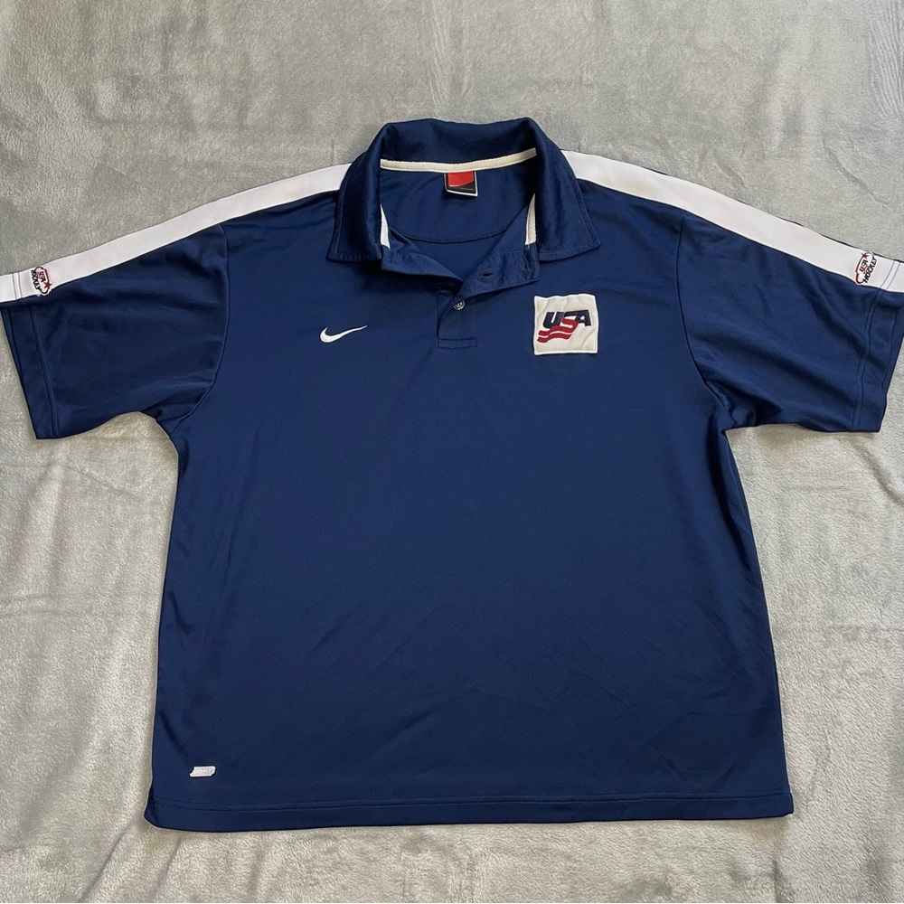 Nike USA Hockey IIHF‎ Polo Shirt XL Men’s Dri-Fit Athletic Blue White Vintage